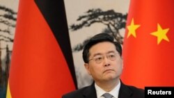 FILE - Chinese Foreign Minister Qin Gang attends a joint press conference at the Diaoyutai State Guesthouse in Beijing, China, April 14, 2023. "Regarding the export of military items,"he said. "China adopts a prudent and responsible attitude."