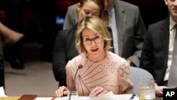 United States ambassador to the United Nations Kelly Craft speaks during a Security Council meeting at United Nations headquarters, Tuesday, Feb. 11, 2020. (AP Photo/Seth Wenig)