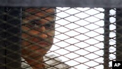 Wartawan Al Jazeera dari Australia, Peter Greste di dalam kurungan saat mengikuti sidang di pengadilan Kairo, Mesir, 23 Juni 2014 (Foto: dok). 