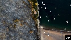 Sebuah gunung yang terbakar di atas pantai di desa Agia Anna, pulau Evia, sekitar 148 kilometer utara Athena, Yunani, Selasa, 10 Agustus 2021. 