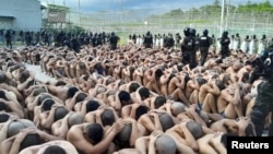 Miembros de la Policía Militar del Orden Público custodian a pandilleros luego de que las Fuerzas Armadas tomaran el control de los penales a nivel nacional como parte del operativo "Fe y Esperanza", en esta foto del folleto divulgada el 26 de junio de 2023.