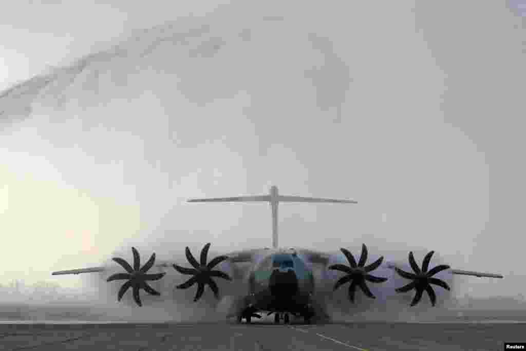 A view shows an Airbus A-400M military transport aircraft, purchased for Kazakhstan&#39;s armed forces, upon its landing at the airport of Almaty, Kazakhstan.