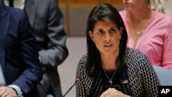 L'ambassadrice des Etats-Unis Nikki Haley devant le Conseil de sécurité, à New York, le 28 septembre 2017.