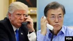 도널드 트럼프 미국 대통령(왼쪽)과 문재인 한국 대통령이 16일 전화 통화를 갖고 북한에 대한 압박을 강화하기로 했다. (자료사진)