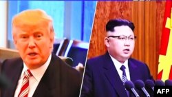 美國川普總統(左)說他的核武器按鈕比北韓領導人金正恩(右)大。
